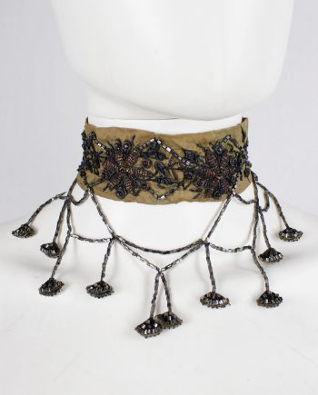 Dries Van Noten brown silk choker with floral embroidery and beaded strands — 1980's