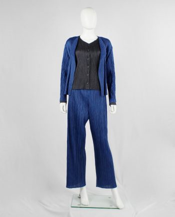 Issey Miyake Pleats Please bright blue loose trousers and open cardigan with fine pleating
