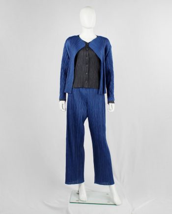 Issey Miyake Pleats Please bright blue loose trousers and open cardigan with fine pleating