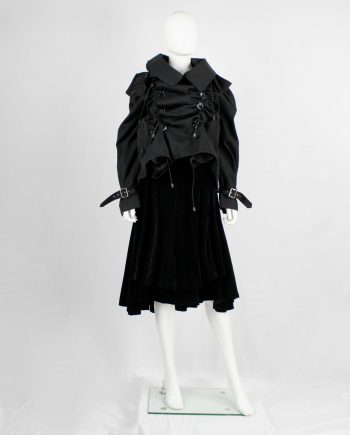 Junya Watanabe black scrunched drawstring jacket with oversized collar — fall 2005