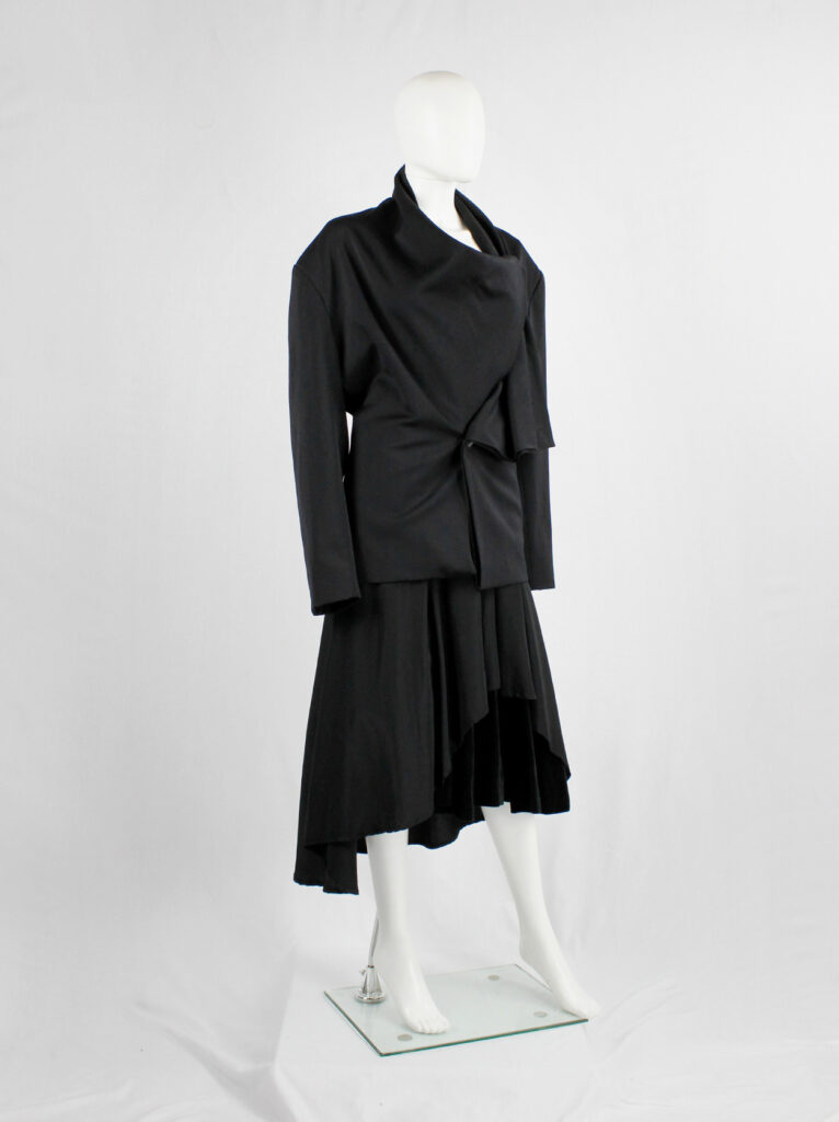 Yohji Yamamoto black asymmetric jacket with double folded draped front ...