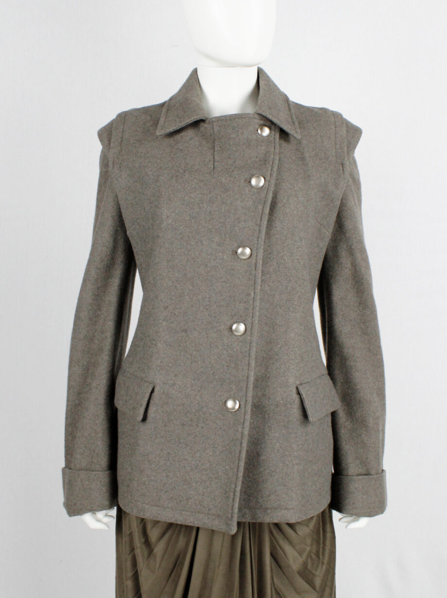 af Vandevorst brown military coat with silver buttons and detachable sleeves fall 1999 (2)