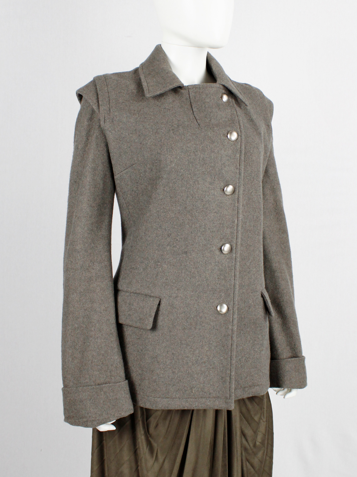 A.F. Vandevorst brown military coat with silver buttons and detachable ...