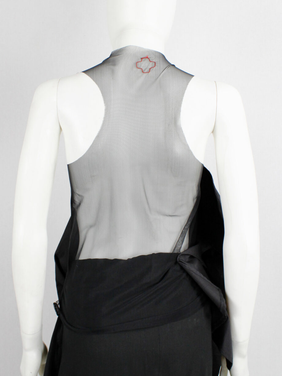 A.F. Vandevorst black sheer top with military shirt draped on the front fall 1999 (1)