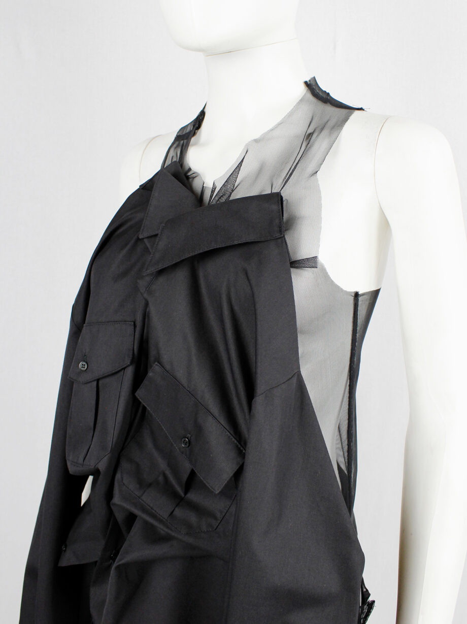 A.F. Vandevorst black sheer top with military shirt draped on the front fall 1999 (15)
