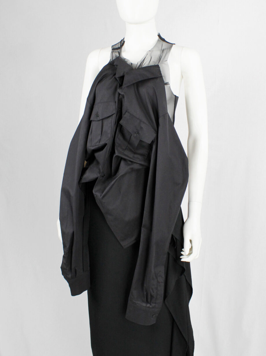 A.F. Vandevorst black sheer top with military shirt draped on the front fall 1999 (7)
