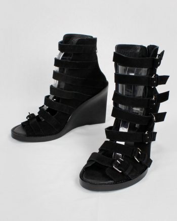 Ann Demeulemeester Blanche black suede wedge sandals with buckle belts (41)