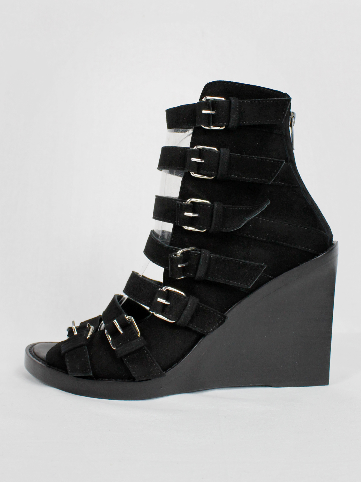 Ann Demeulemeester Blanche black suede wedge sandals with buckle belts ...