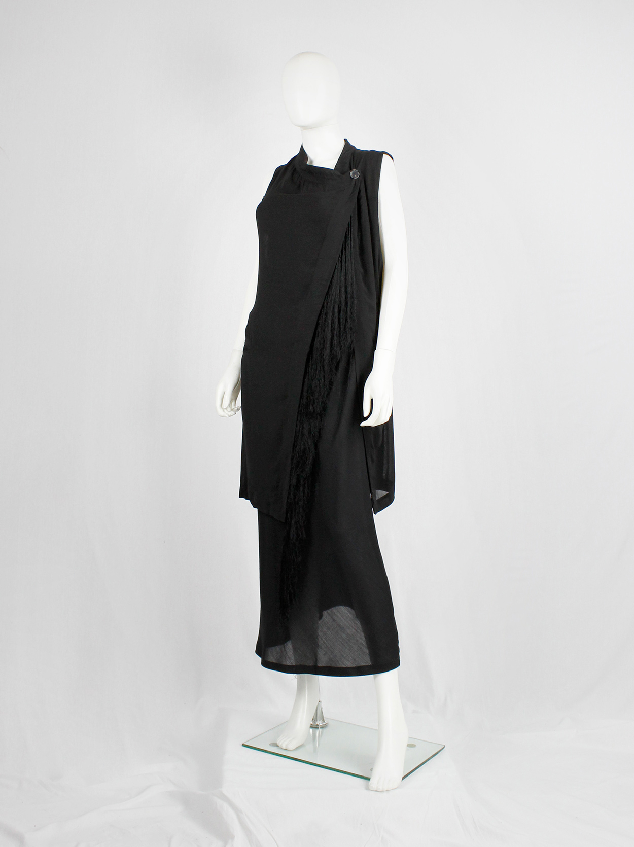 Ann Demeulemeester black long asymmetric vest with braided tassels ...