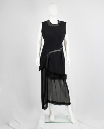 Comme des Garçons black panelled dress with faux fur trim on a sheer underlayer — fall 1997