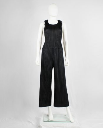 Issey Miyake Pleats Please black pleated sleeveless top with tucked shoulders
