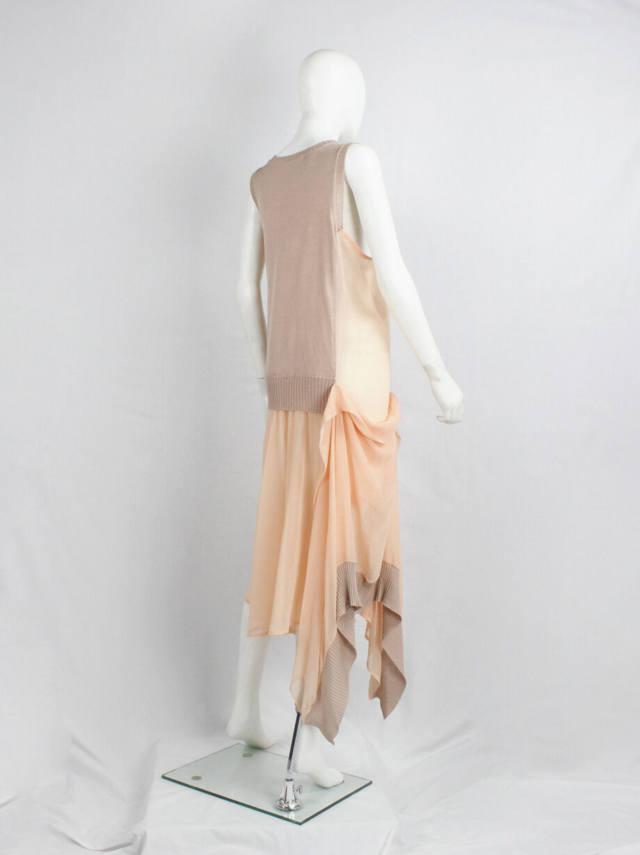 Limi Feu peach sheer dress with draped layers under a deconstructed wool vest (1)
