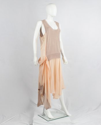 Limi Feu peach sheer dress with draped layers under a deconstructed wool vest
