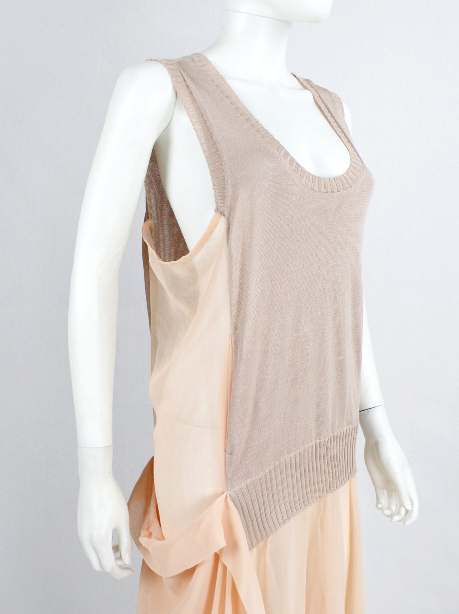 Limi Feu peach sheer dress with draped layers under a deconstructed wool vest (4)
