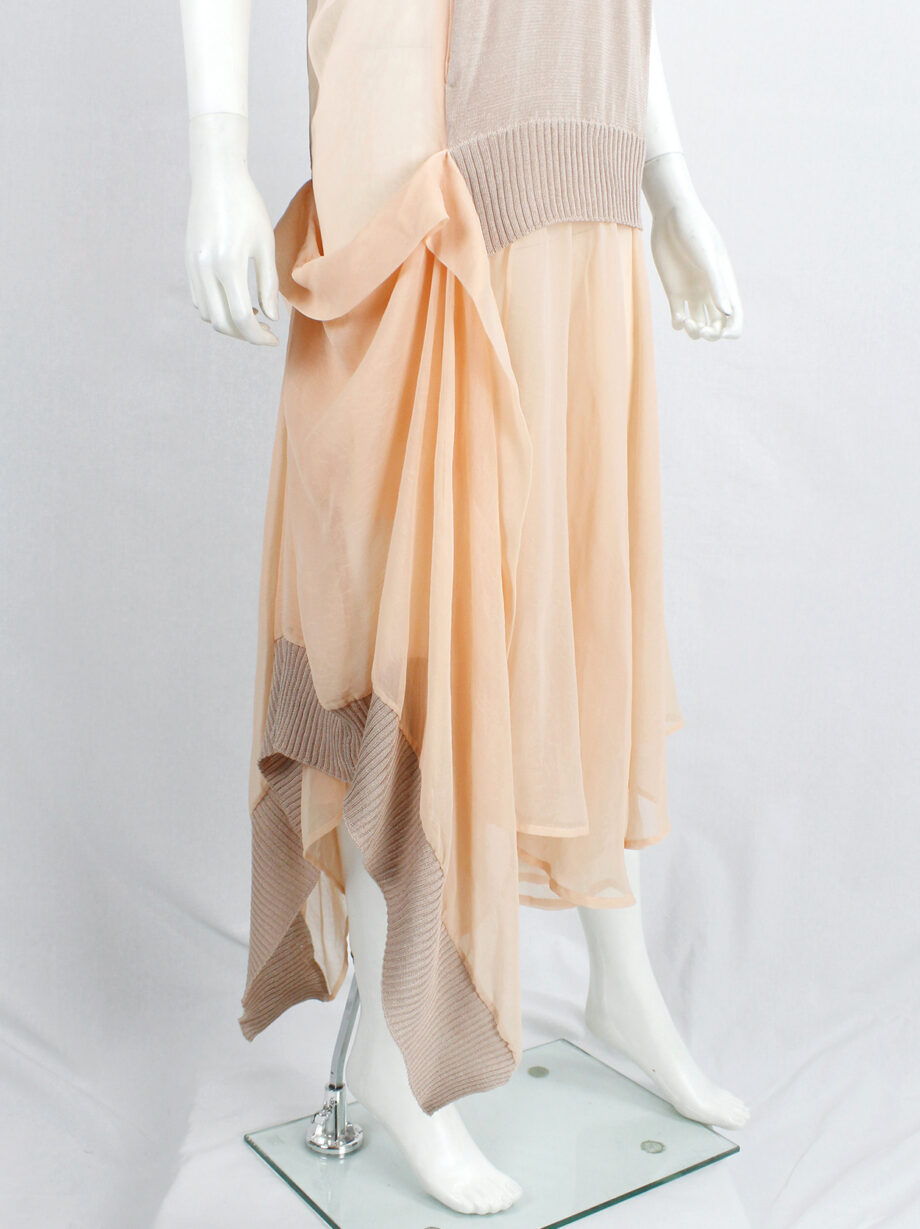 Limi Feu peach sheer dress with draped layers under a deconstructed wool vest (5)