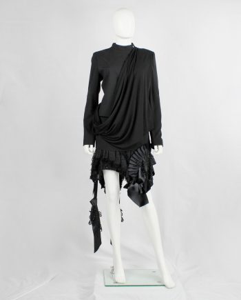 A.F. Vandevorst black biker jacket in two fabrics with draped sash — fall 2010