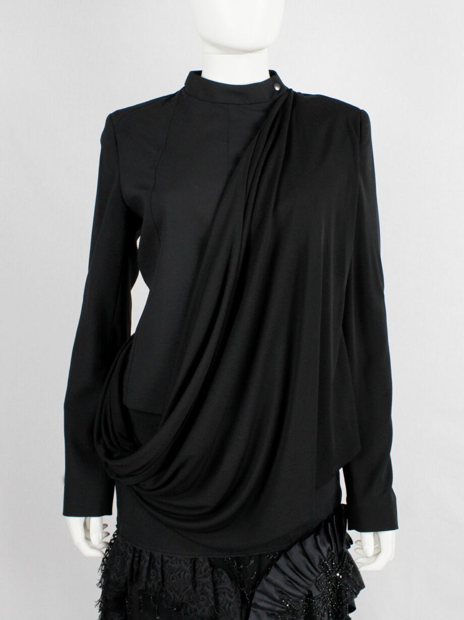 af Vandevorst black biker jacket in two fabrics with draped sash fall 2010 (7)