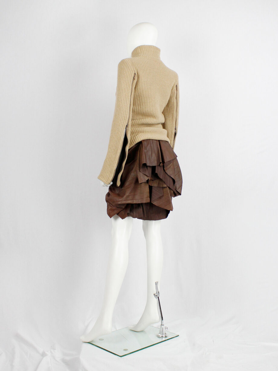 af Vandevorst brown leather pleated skirt with heavy bustle layering fall 2011 (10)