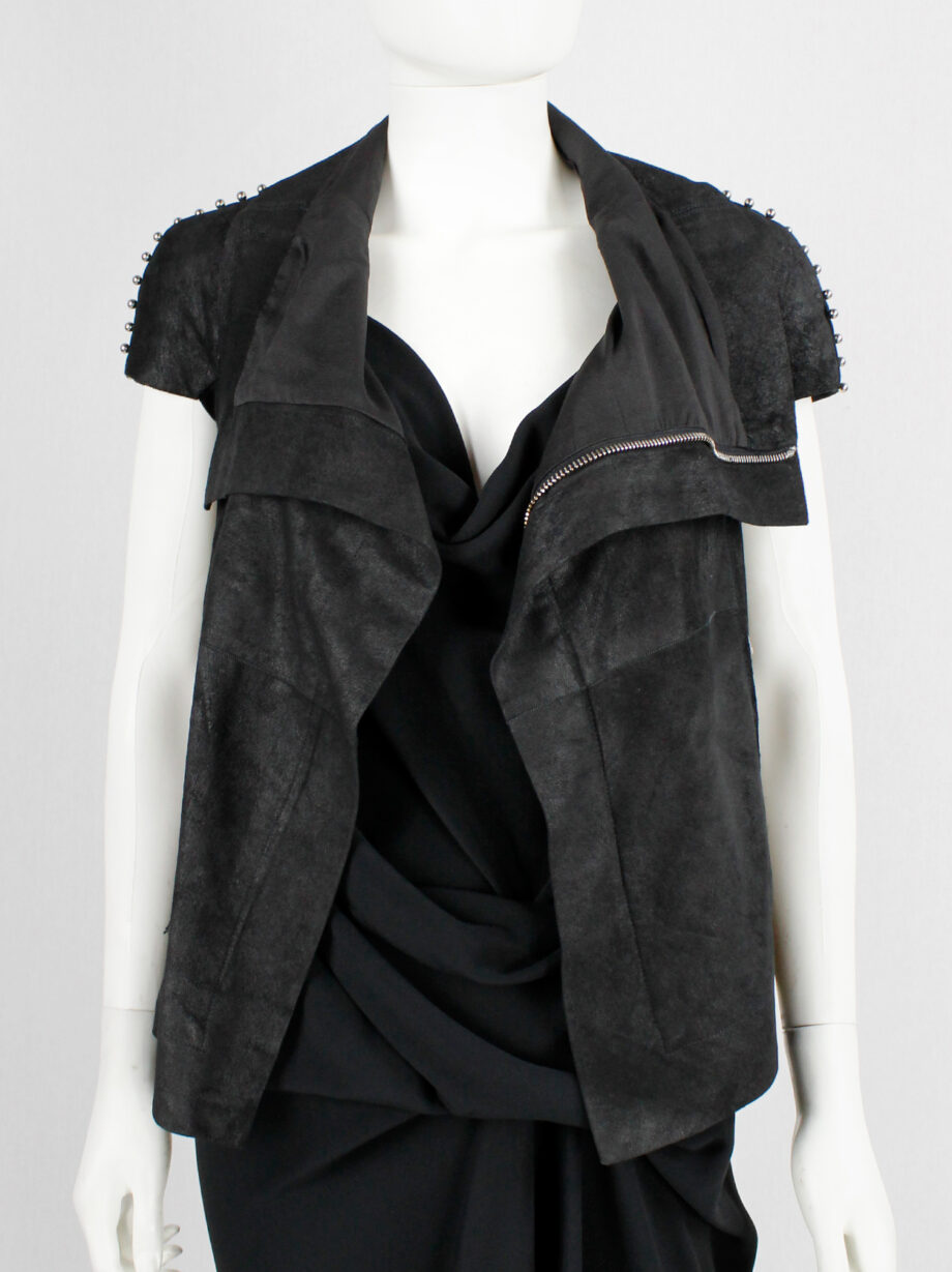vintage Rick Owens black blistered leather vest with silver pearls along the shoulders (3)