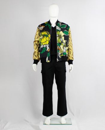 Dries Van Noten green and yellow floral embroidered bomber jacket with gold brocade sleeves