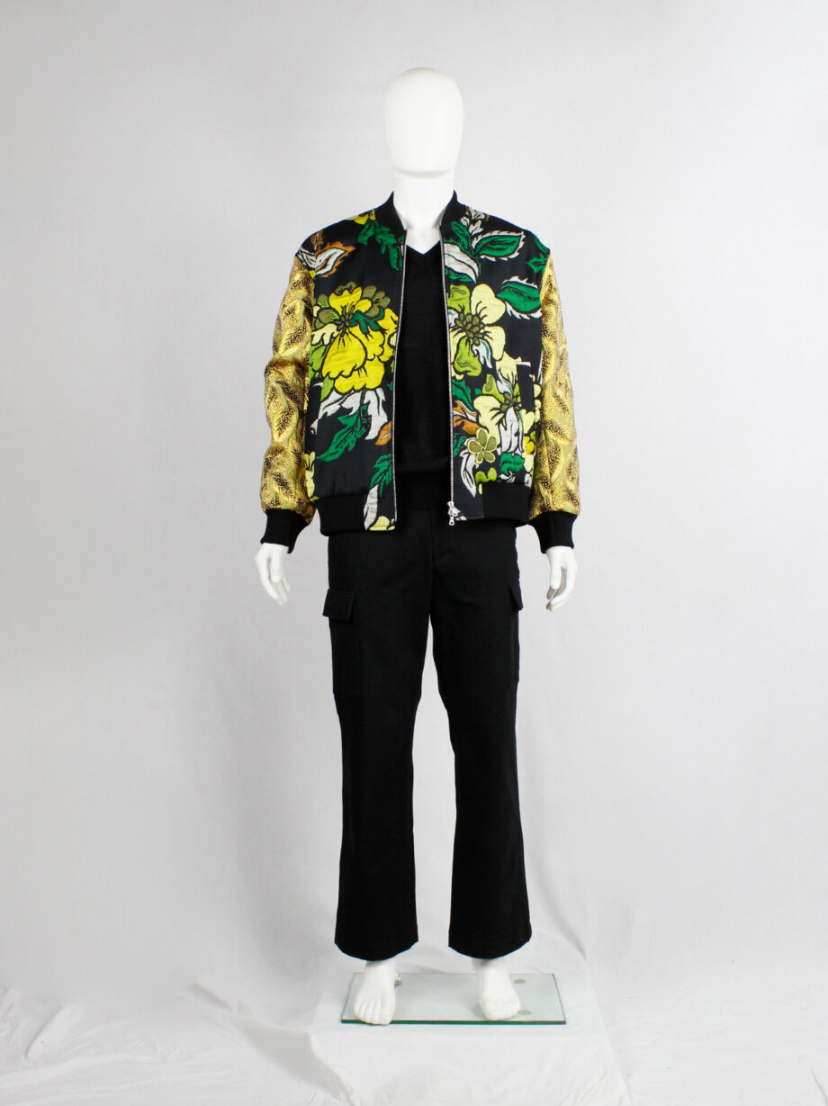 Dries Van Noten green and yellow floral embroidered bomber jacket with gold brocade sleeves (9)