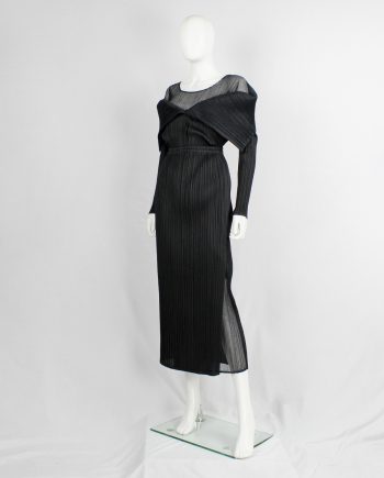 Issey Miyake Pleats Please black pleated maxi skirt with slit and mesh insert