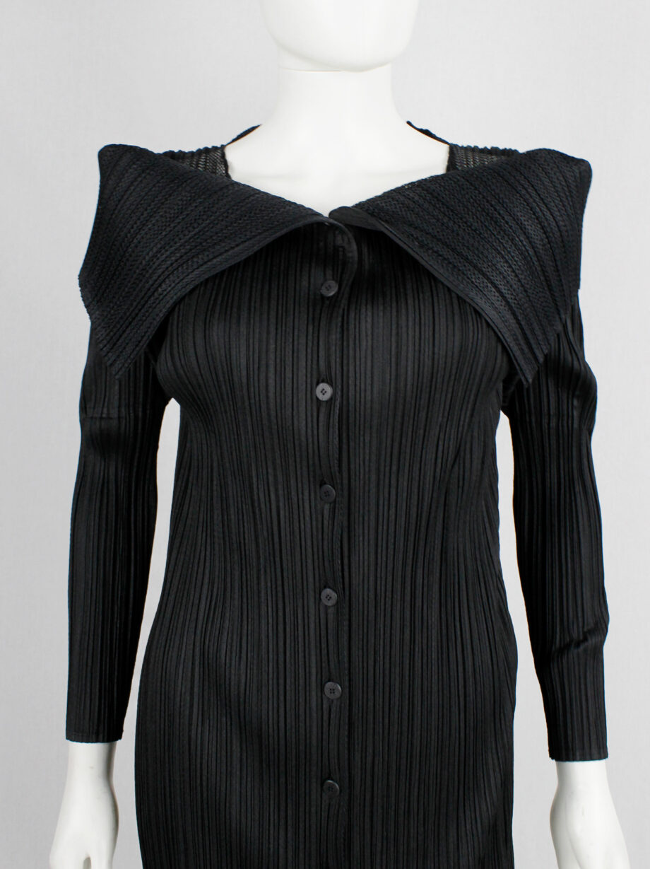 Issey Miyake Pleats Please black square jumper buttoned into a folded cardigan (1)