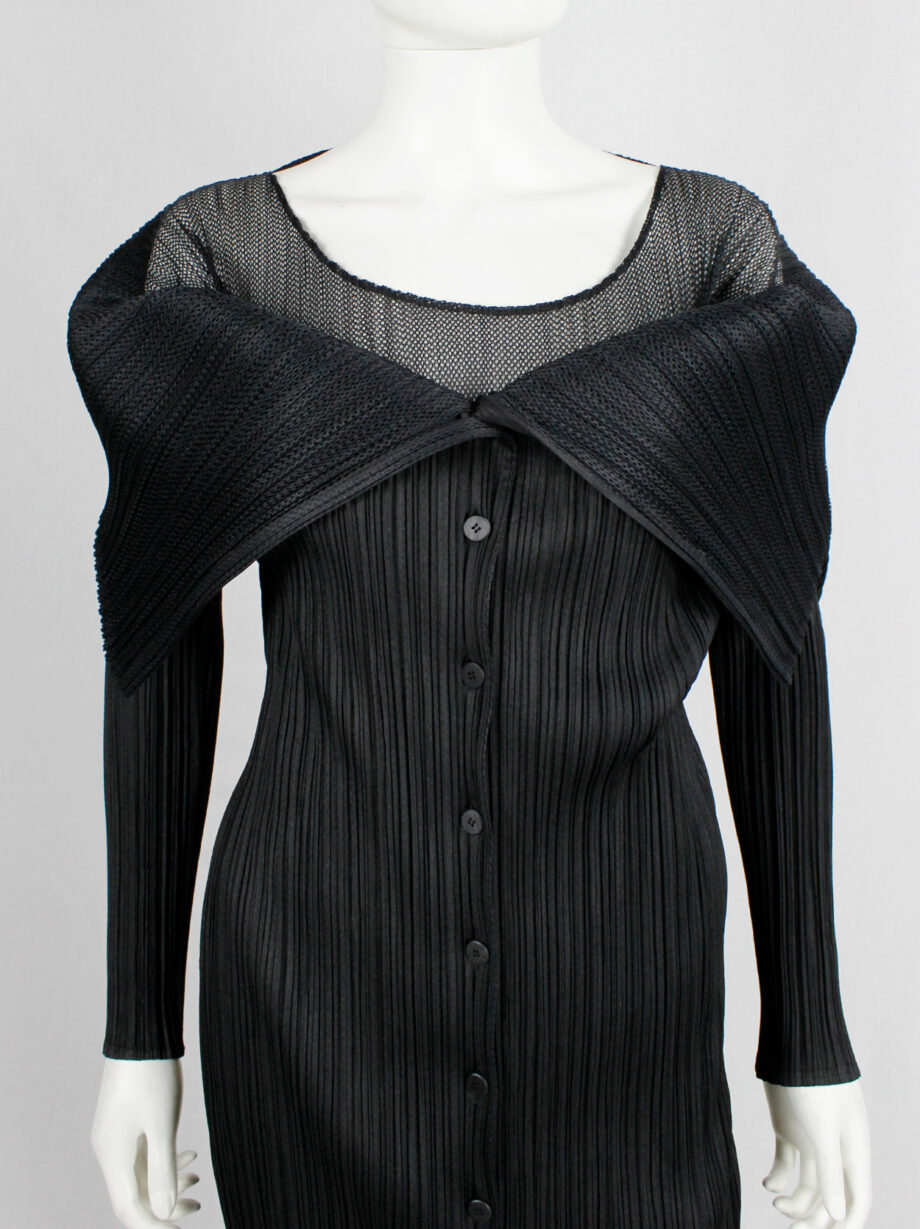 Issey Miyake Pleats Please black square jumper buttoned into a folded cardigan (17)