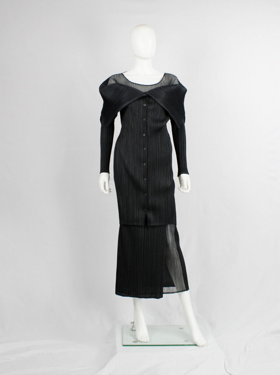 Issey Miyake Pleats Please black square jumper buttoned into a folded cardigan (19)