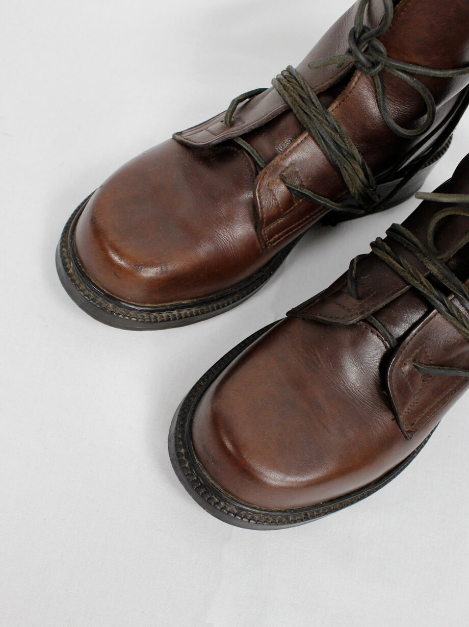 Dirk Bikkembergs brown combat boots wrapped with laces through the soles 1990s (9)