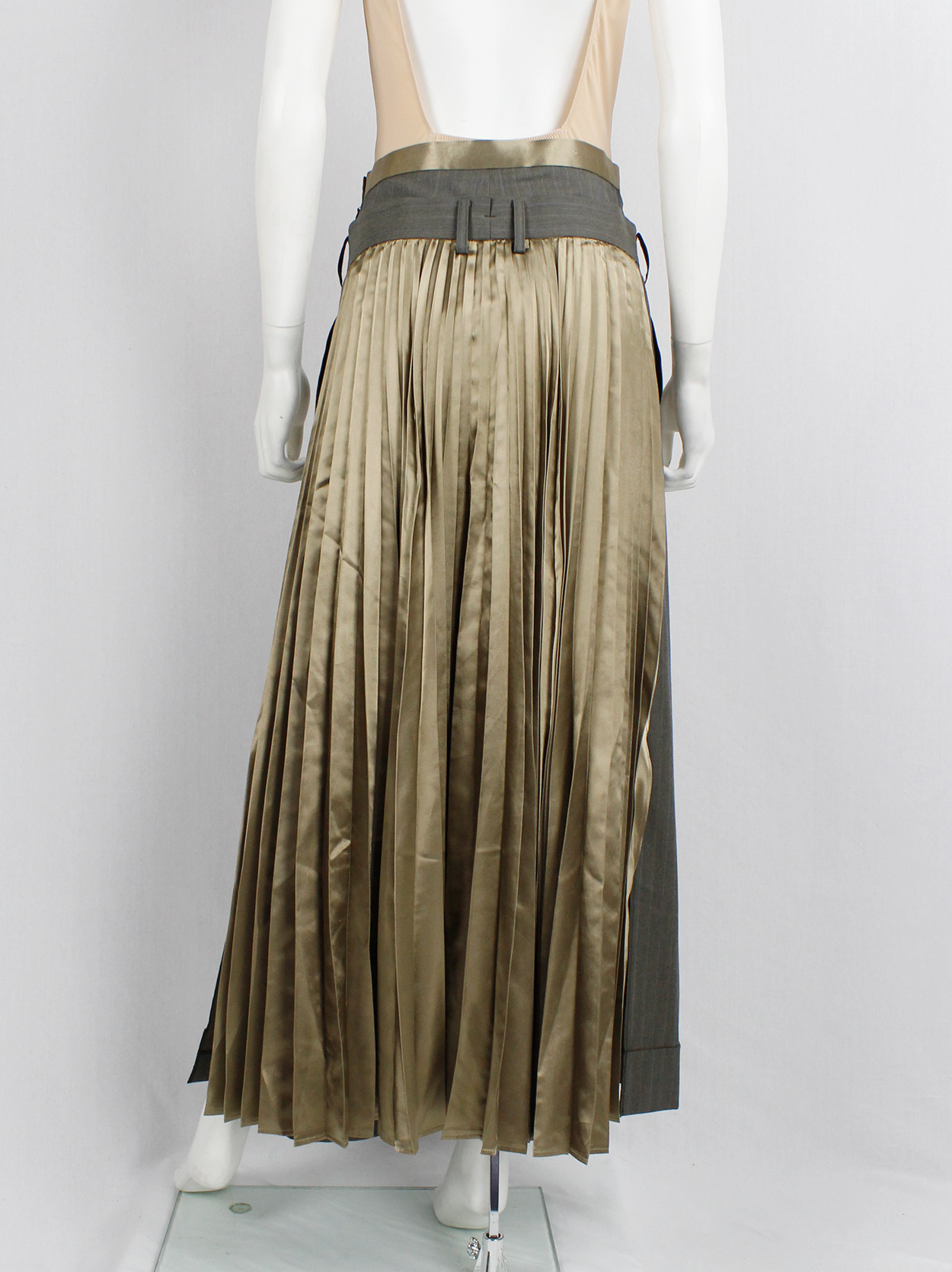 Junya Watanabe brown trousers attached to a chartreuse pleated maxi ...