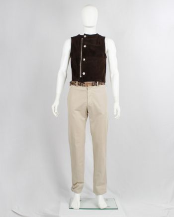 Lieve Van Gorp brown leather waistcoat with silver anchor buttons – early 90's