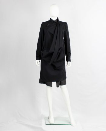 A.F. Vandevorst black asymmetric coat with draped cowl volume along the front