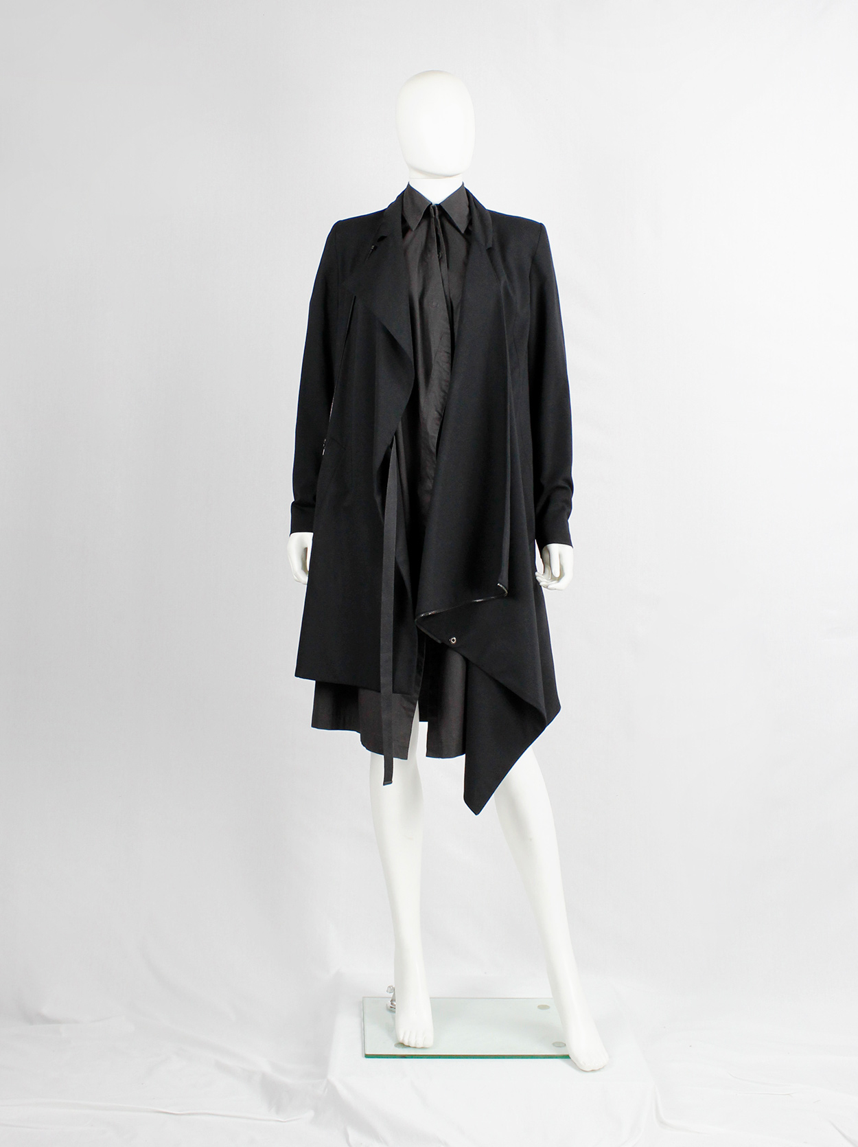 A.F. Vandevorst black asymmetric coat with draped cowl volume along the ...