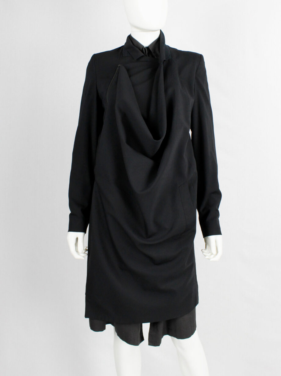 vintage Vandevorst black asymmetric coat with draped cowl volume along the front (5)