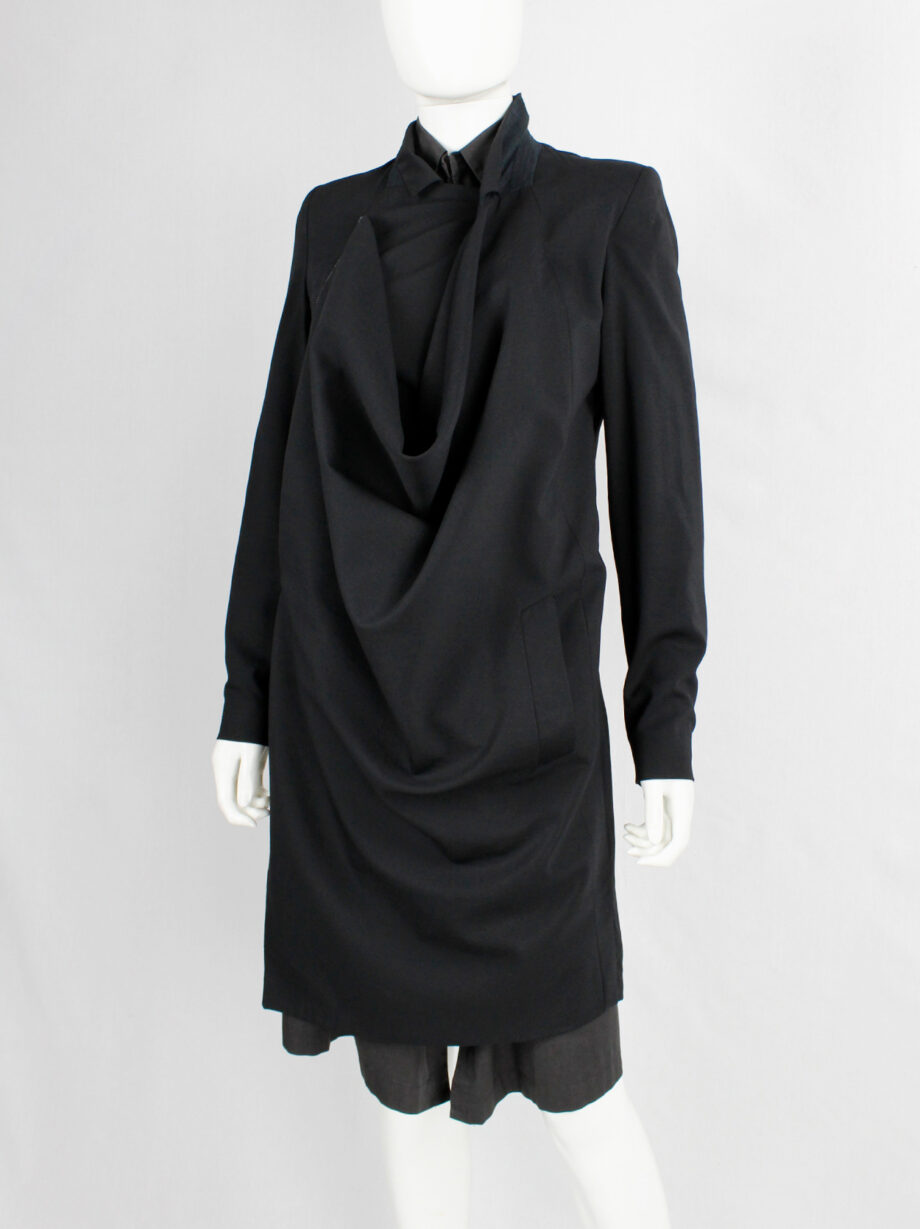 vintage Vandevorst black asymmetric coat with draped cowl volume along the front (6)