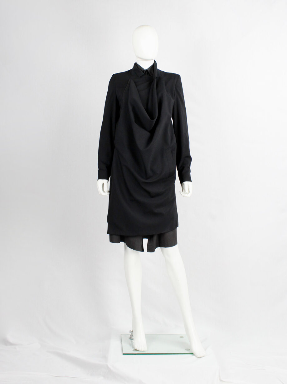 vintage Vandevorst black asymmetric coat with draped cowl volume along the front (8)