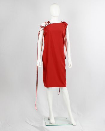 af Vandevorst red one shoulder dress with ring hooks and lacing on the shoulders spring 2012 (1)