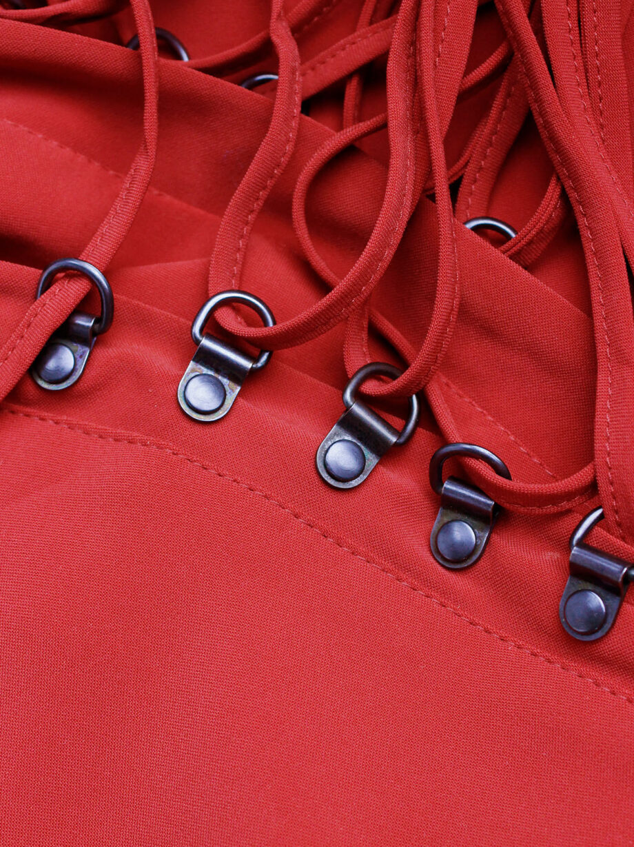 af Vandevorst red one shoulder dress with ring hooks and lacing on the shoulders spring 2012 (1)