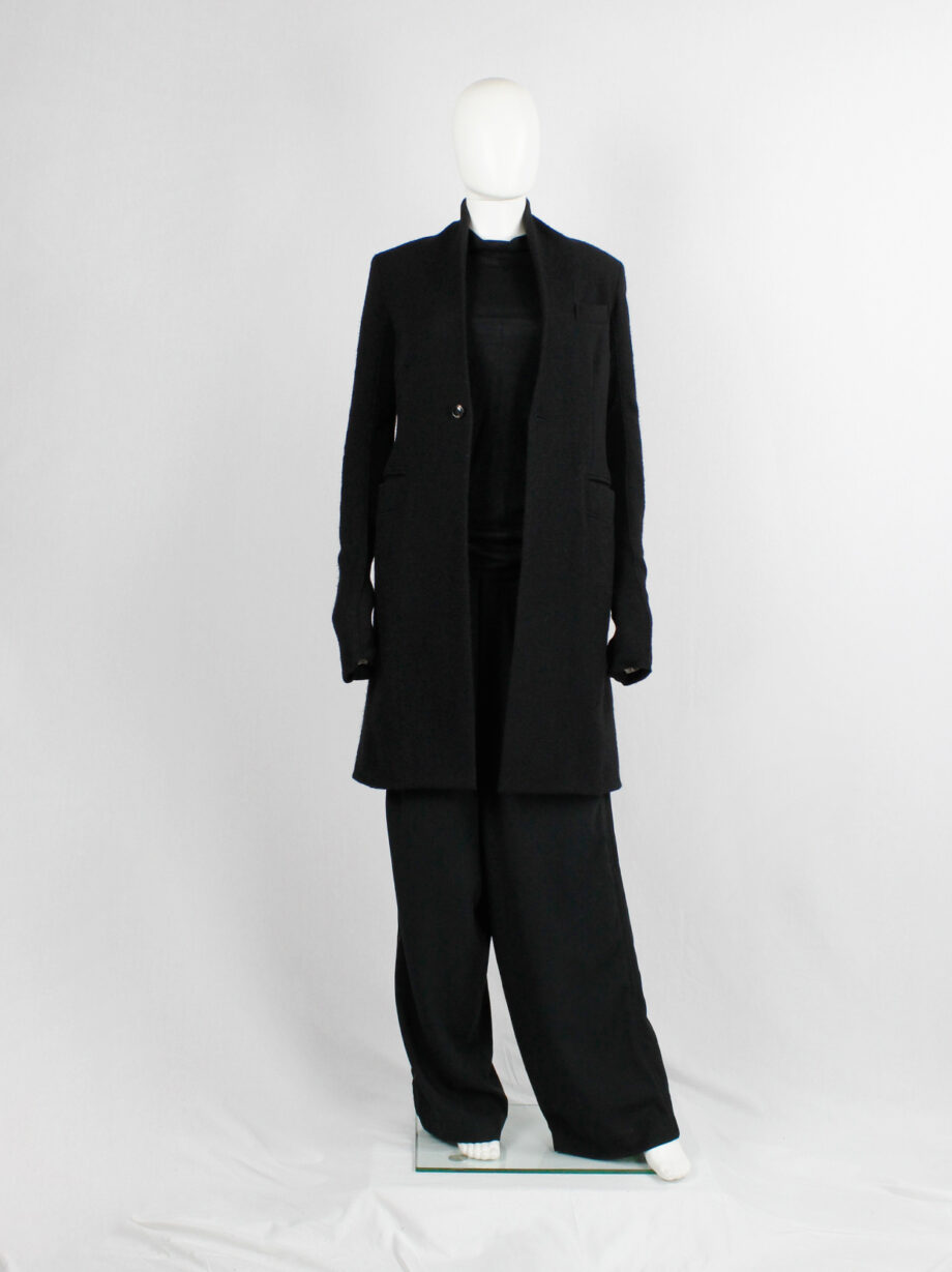vintage Rick Owens black long minimalist wool coat with one button closure (2)