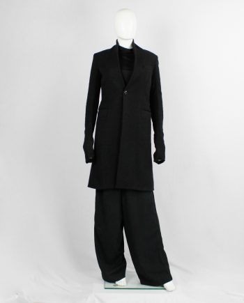 vintage Rick Owens black long minimalist wool coat with one button closure