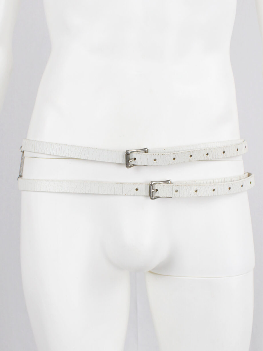 Ann Demeulemeester two white leather belts attached by metal LIFE and LIVE dogtags spring 2003 (10)