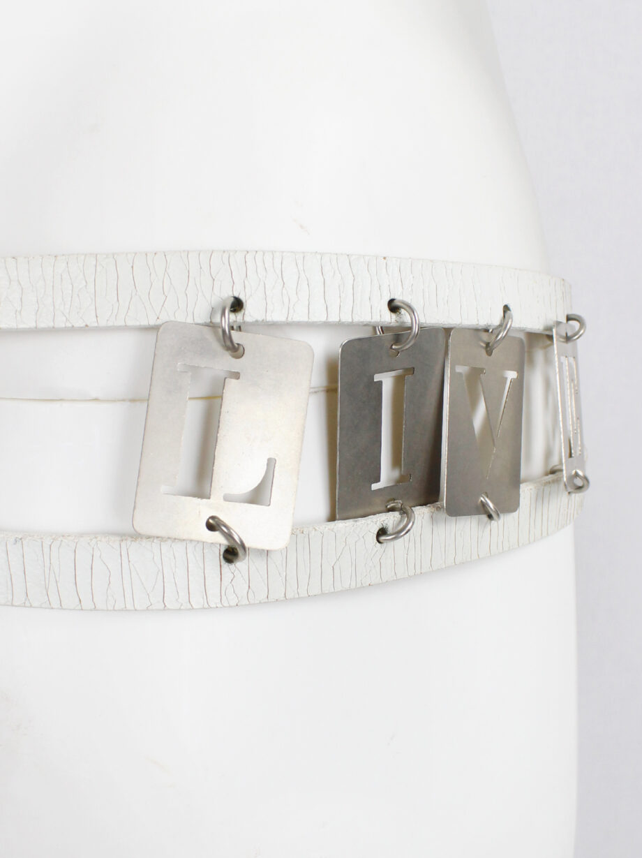 Ann Demeulemeester two white leather belts attached by metal LIFE and LIVE dogtags spring 2003 (16)