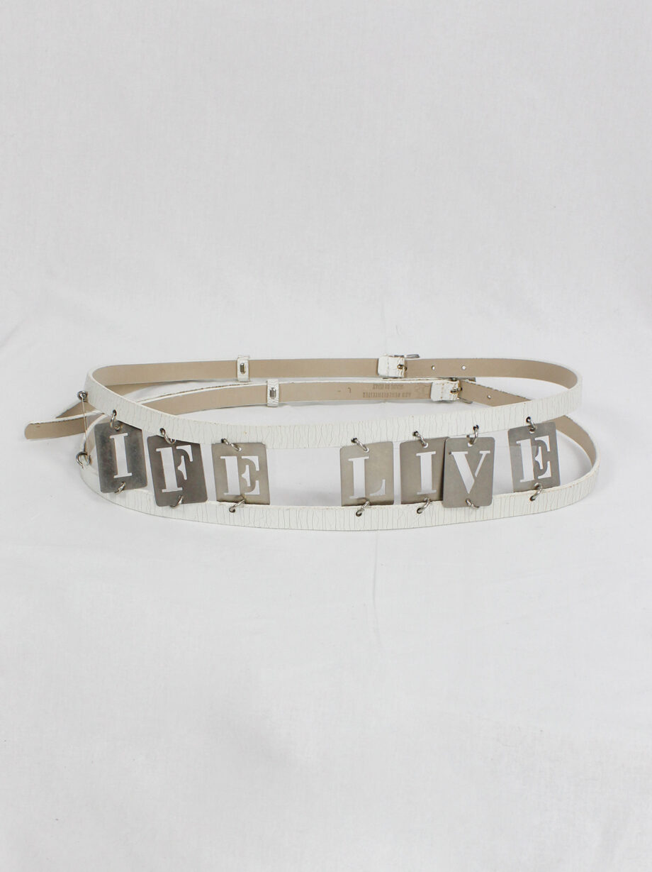 Ann Demeulemeester two white leather belts attached by metal LIFE and LIVE dogtags spring 2003 (8)