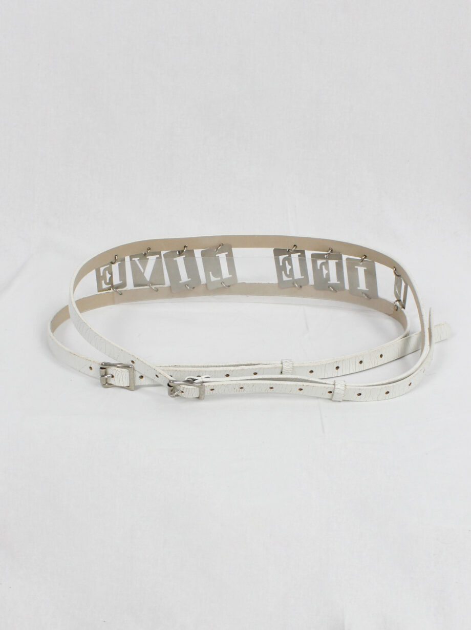 Ann Demeulemeester two white leather belts attached by metal LIFE and LIVE dogtags spring 2003 (9)