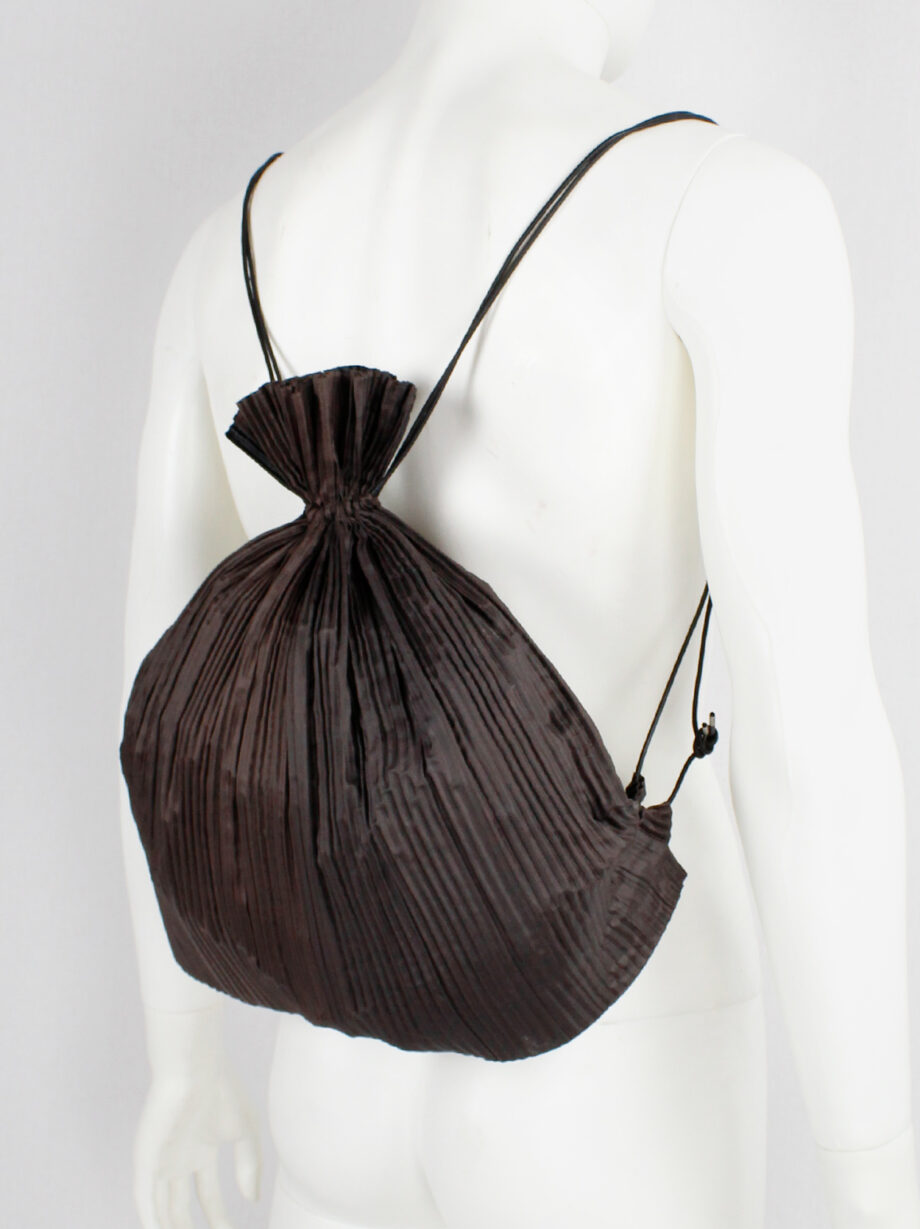 Issey Miyake dark brown drawstring backpack with fine pressed pleats (13)