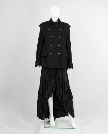 A.F. Vandevorst black military coat with gold cross buttons and detachable sleeves — fall 1999