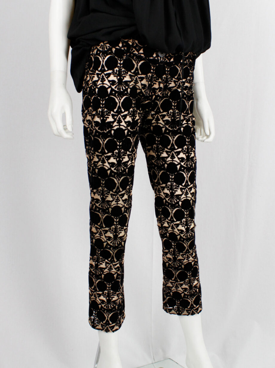 Ann Demeulemeester beige cropped mesh trousers with black circular velvet print spring 2014 (8)