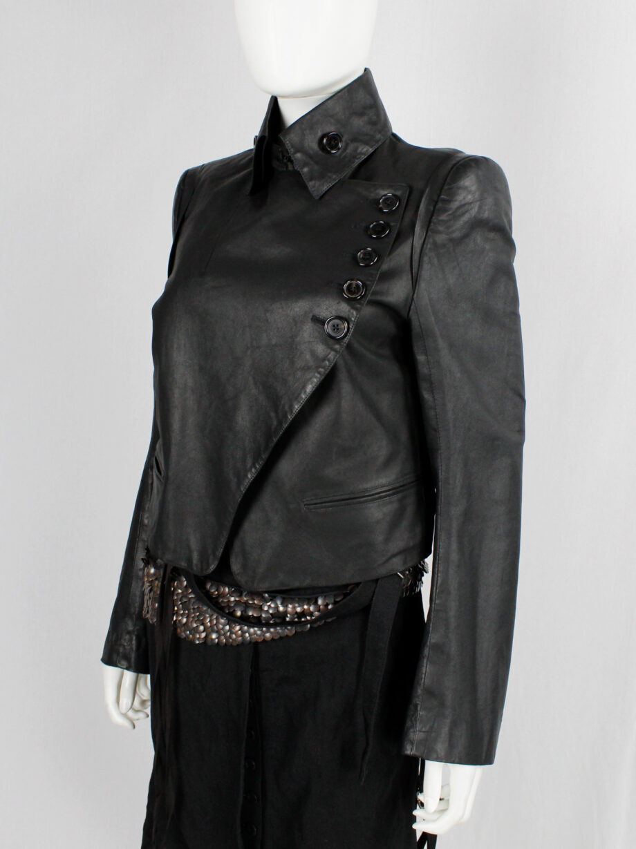 Ann Demeulemeester black leather jacket with asymmetric button closure and removable collar — fall 2003
