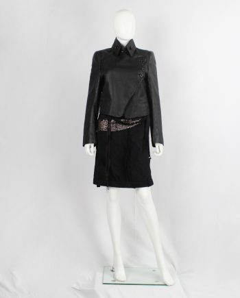 Ann Demeulemeester black leather jacket with asymmetric button closure and removable collar — fall 2003